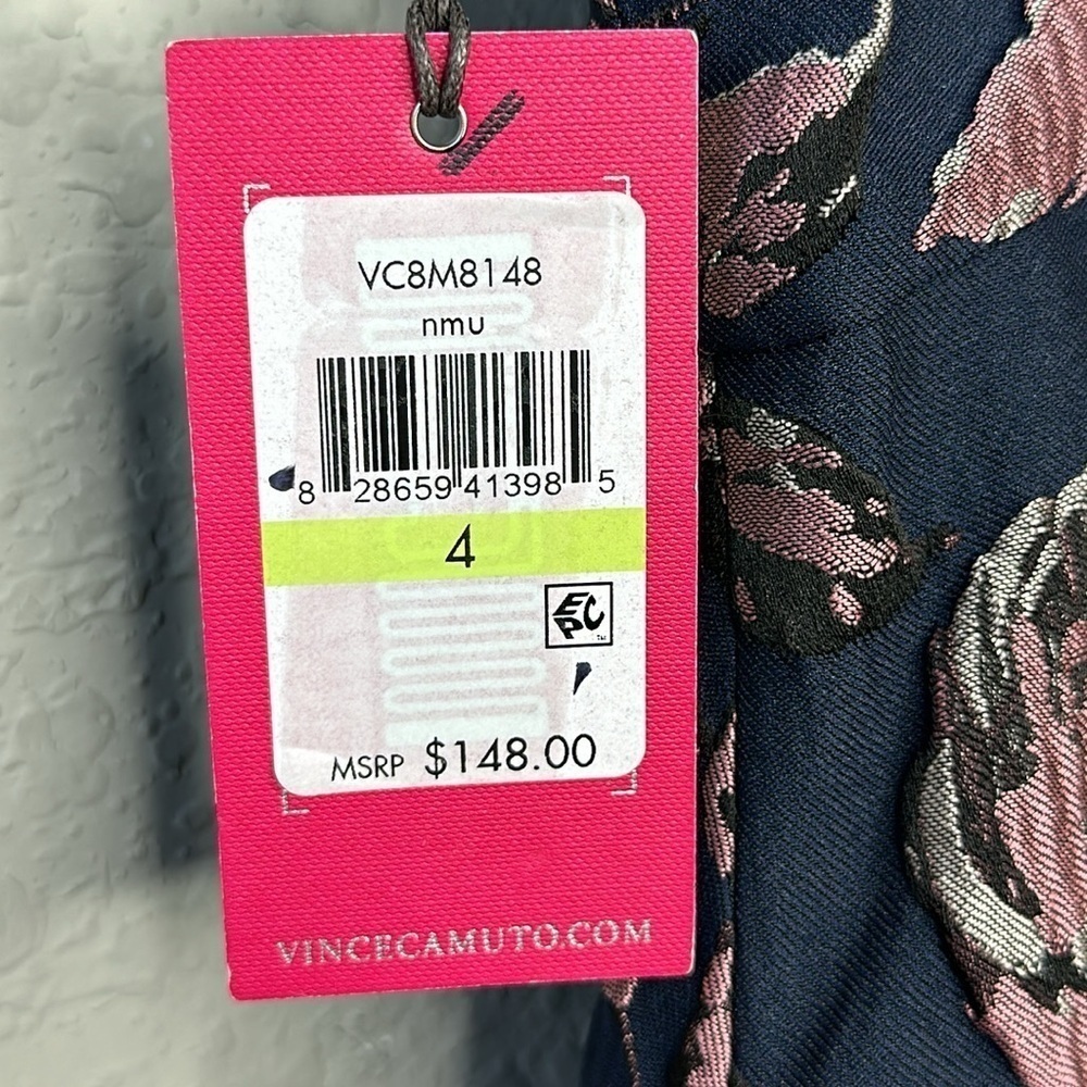 NWT‎ Vince Camuto Navy Floral Jacquard Ruffle Cocktail Dress Size 4 - Picture 10 of 14